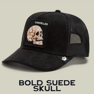 Goorin Bros. BLACK BOLD MICROSUEDE SKULL Trucker Hat SnapBack NWT.
